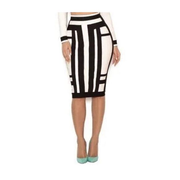 HOUSE OF CB Lulia Black White Stripe Bandage Skirt XS - Picture 1 of 10